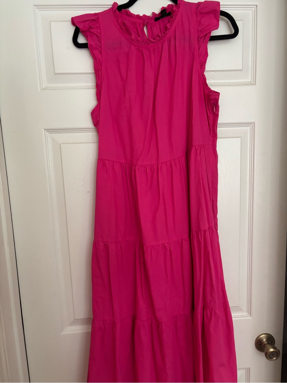 J. Crew Hot Pink Tiered Midi Dress with Ruffle Sleeves